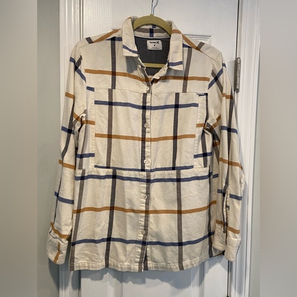Hurley Size M Cream Tan Plaid Flannel Long Sleeve Button Down Collared Shirt - Picture 1 of 13